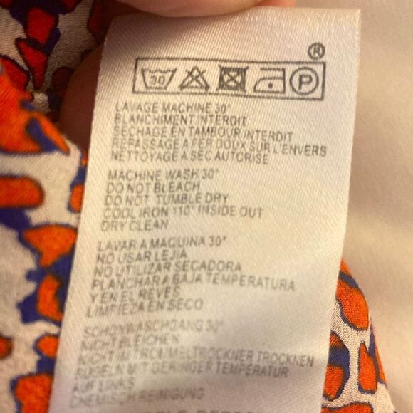 Maje Paris Rafia Print Mini Dress with Smocked Waist. Orange/Blue. Size Medium. - Picture 9 of 9